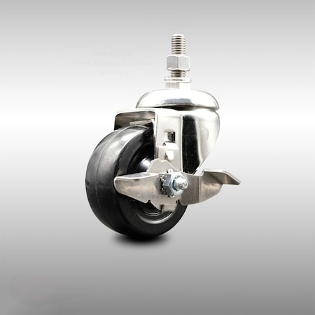 Service Caster 3 Inch 316SS Hard Rubber Wheel Swivel 10mm Threaded Stem Caster with Brake SCC-SS316TS20S314-HRS-TLB-M1015